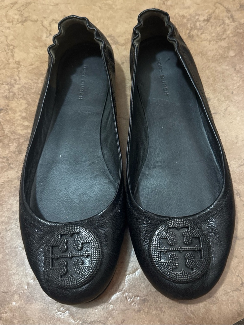 Tory Burch Black Leather Logo Ballet Flats
